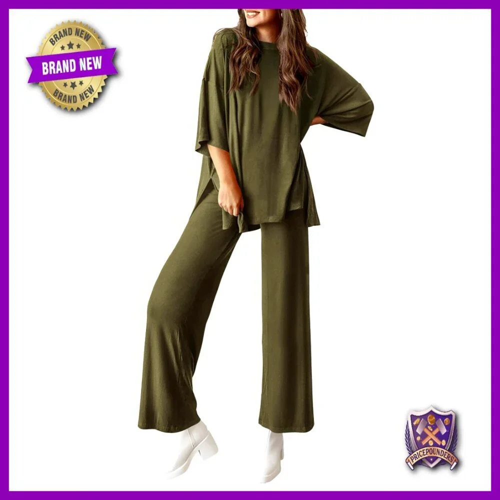 Two Piece Lounge Set Wide Leg Pants Crewneck Top Comfortable Knit Matching